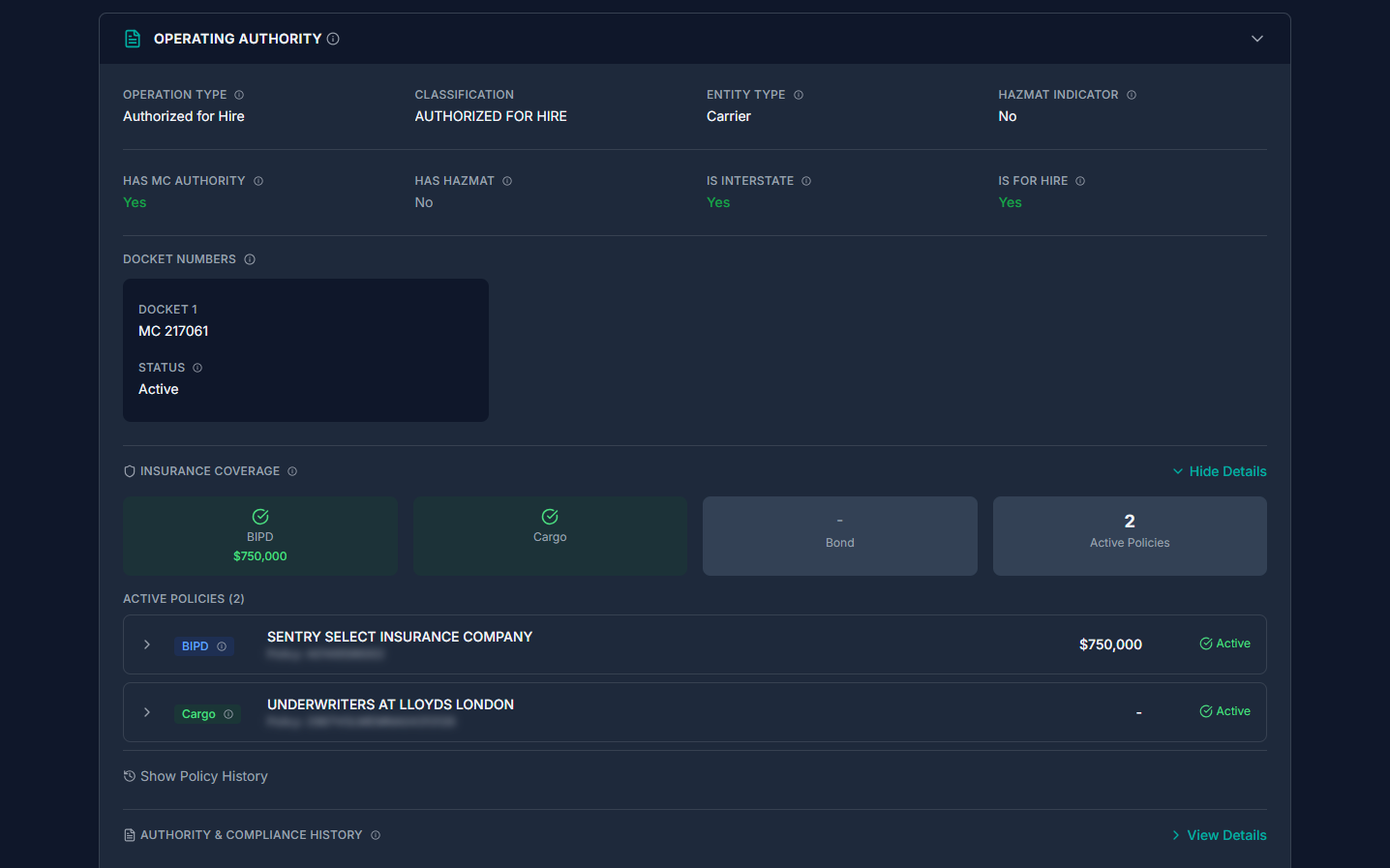 Company detail with insurance and safety data
