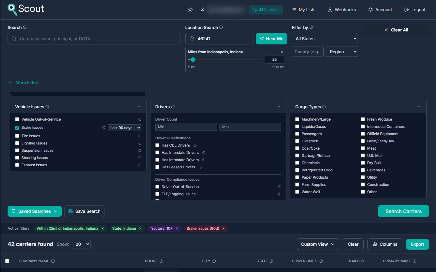 Search interface with filters