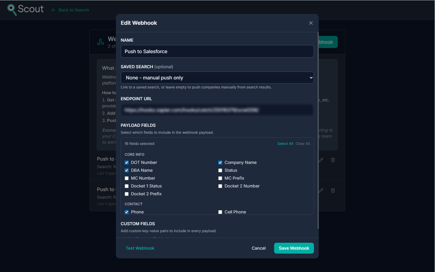Webhook configuration panel